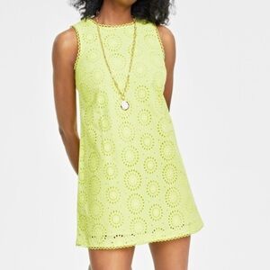 ON 34TH NEON YELLOW EYELET SLEEVELESS A-LINE DRESS WOMENS SZ MEDIUM
